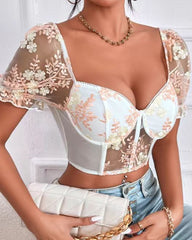 Sexy Low-cut Backless Embroidered Mesh Panels Puff Sleeves Top