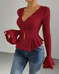 V-neck Ruffled Slim-fit Flared Long-sleeve Stretchy Knit Top