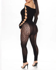 Sexy Leopard Print Jacquard Pearl-embellished Cutout Long-sleeved Jumpsuit