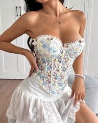 Floral Embroidered Sheer Mesh Backless Tie-up Strapless Top