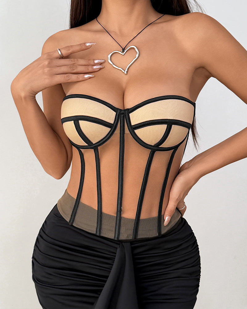 Sexy Underwired Backless Drawstring Waist Tight-fitting Sheer Bandeau Top