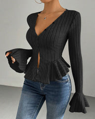 V-neck Ruffled Slim-fit Flared Long-sleeve Stretchy Knit Top