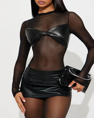 Sexy PU Leather Mesh Long-Sleeved Slim Fit Bodysuit