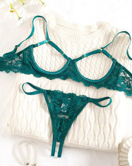 Sexy Lace Floral Openwork Bra and Thong Lingerie Set