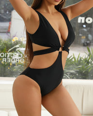 Solid Color Deep V-neck Hollowed-out Sexy One-piece Swimsuit