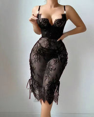 Sexy Flower Lace Hollow See-Through Side Strap Long Suspender Dress