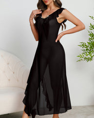 Sexy See-through Mesh Backless Pearl-embellished Ruffled Side-slit Long Nightgown