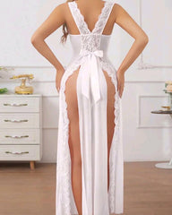 Sexy Deep V-neck High Slit Lace See-through Long Nightgown