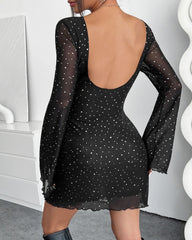 Black Mesh Sequined Backless Bodycon Long-sleeved Dress