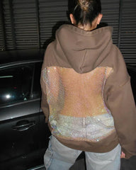 Fashion Solid Color Backless Cutout Mesh Panel Long-sleeved Hooded Sweatshirt