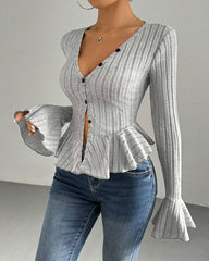 V-neck Ruffled Slim-fit Flared Long-sleeve Stretchy Knit Top