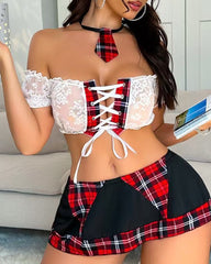 Sexy Lace Plaid Patchwork Colorblock Role-playing Lingerie Set