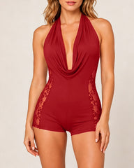 Women's Sexy Feep V Backless Lace-trimmed Jumpsuit Shorts