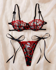 Sexy Sheer Mesh Heart-shaped Embroidery Underwire Lingerie Set