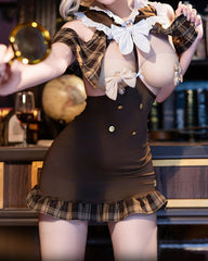 Sexy Open-chest Plaid Patchwork Detective Uniform Role-playing Lingerie Set