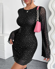 Black Mesh Sequined Backless Bodycon Long-sleeved Dress