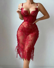Sexy Flower Lace Hollow See-Through Side Strap Long Suspender Dress