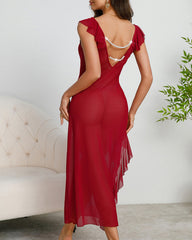 Sexy See-through Mesh Backless Pearl-embellished Ruffled Side-slit Long Nightgown