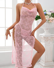 Sexy Halter Neck Lace Sheer Mesh High Slit Chain-embellished Long Nightgown