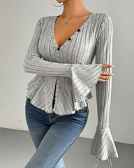 V-neck Ruffled Slim-fit Flared Long-sleeve Stretchy Knit Top