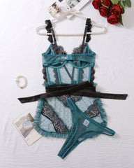 Sexy Colorblock Lace See-through Mesh Hollow-out Backless Underwire Lingerie Set