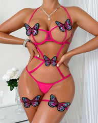 Butterfly Embroidery Halter-neck Strappy Cutout Lingerie Bodysuit