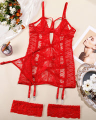 Sexy Openwork Lace Mesh See-through Lingerie Nightgown Set