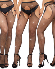 Sexy Rhinestone-embellished Open-crotch Sheer Mesh Pantyhose Tights