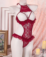 Sexy Halter Neck Floral Lace See-through Cutout Bust Bodysuit Lingerie