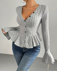 V-neck Ruffled Slim-fit Flared Long-sleeve Stretchy Knit Top