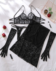 Sheer Floral Lace Body-shaping Sexy Lingerie and Maxi Dress Set with Gloves