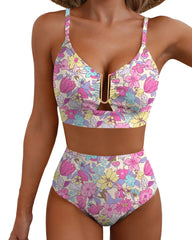 Women's V-neck Floral High-waisted Tummy-control Bikini Swimsuit