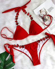 Sexy Solid Color Diamond Chain Embellished Beach Vacation Bikini