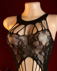 Sexy Round Neck Jacquard Lace Cutout Bodystocking with Stockings