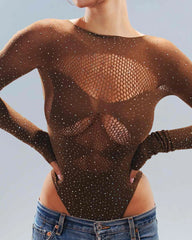 Sexy Rhinestone Stretch Fishnet Round Neck Long Sleeve Bodysuit
