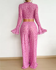 Valentine's Day Heart Print V-Neck Flared Long-Sleeved Top and Pants Pajama Set