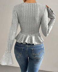 V-neck Ruffled Slim-fit Flared Long-sleeve Stretchy Knit Top