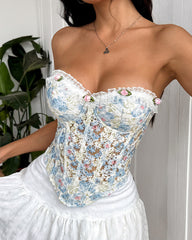 Floral Embroidered Sheer Mesh Backless Tie-up Strapless Top