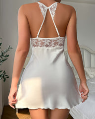 Satin Lace Patchwork Deep V-neck Polka-dot Mesh Backless Camisole Nightgown