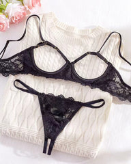 Sexy Lace Floral Openwork Bra and Thong Lingerie Set