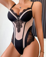 Sexy Mesh See-Through Lace Patchwork Colorblock Bodysuit