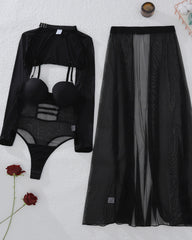 Sheer Mesh Bodysuit with Sexy Slit Skirt Three-piece Set