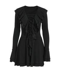 Stylish V Neck Slim-fit Tie-up Ruffle Bell Sleeve Dress