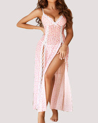 Sexy Suspenders See-Through Lace Mesh Long Slits With Panties Pajamas Set