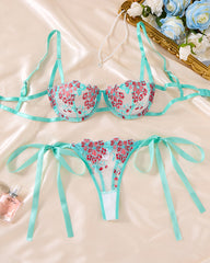 Sexy Flower Embroidered Mesh Lace Gathered Bra Set