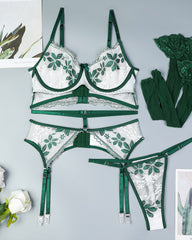 Retro Colorblock Sexy Green Leaf Lace Underwear With Stockings Set