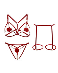 Sexy Rose Beaded Hollow-Out Three-Piece Lingerie Set